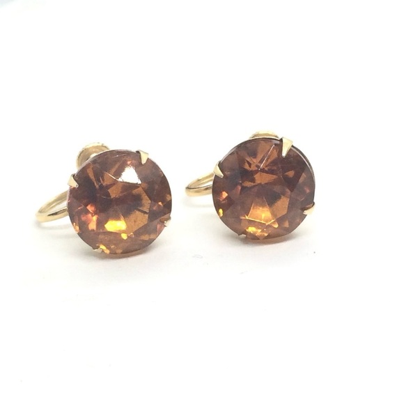 3/$30 VINTAGE AMBER COLOR GLASS SCREWBACK EARRINGS GOLD TONE CLIP RHINESTONE - Picture 3 of 16